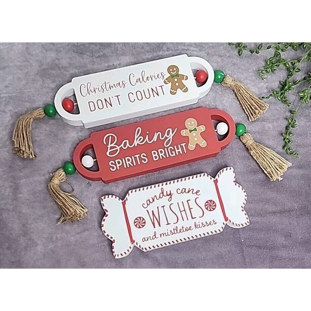 Gingerbread Man Candy Cane Christmas Calories Baking Signs 3 Pc‎ Wooden Tabletop